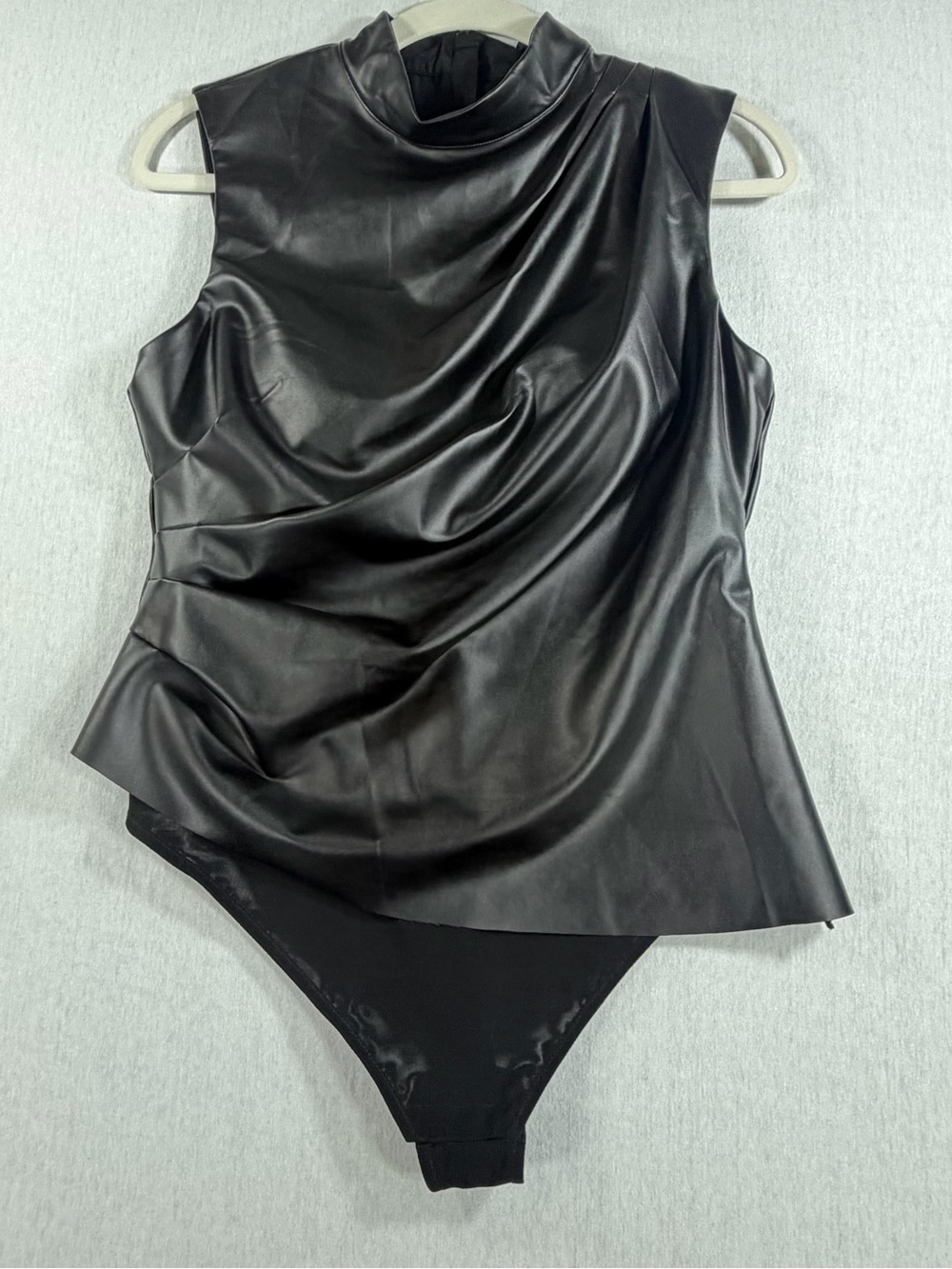 Draped Faux Leather Bandeau Bodysuit - Black